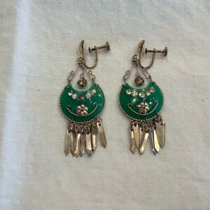 Vintage Artisan Hand Crafted Green Filigree Dangly Screw-Back Earrings 2.25”